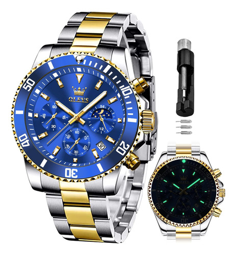 Olevs Relojes Para Hombre Cronógrafo Azul Vestido De Lujo Fa