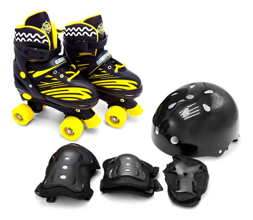 Patins Quad Infantil Unitoys Ajustável com Kit Proteção Preto e Amarelo