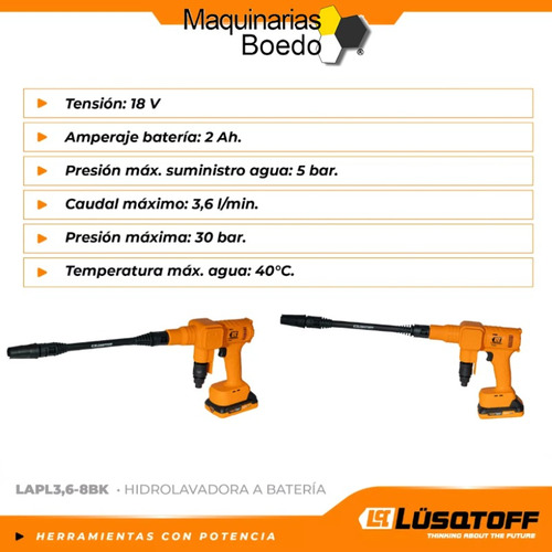 Hidrolavadora Presión Inalámbrica 18v Lapl3.6-8bk Lusqtoff Naranja 50