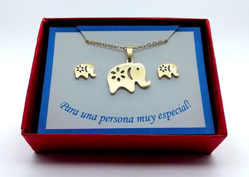 Imagen 2 de 5 de Collar Y Aretes Diseño Elefante Oro Laminado 22 K M3133