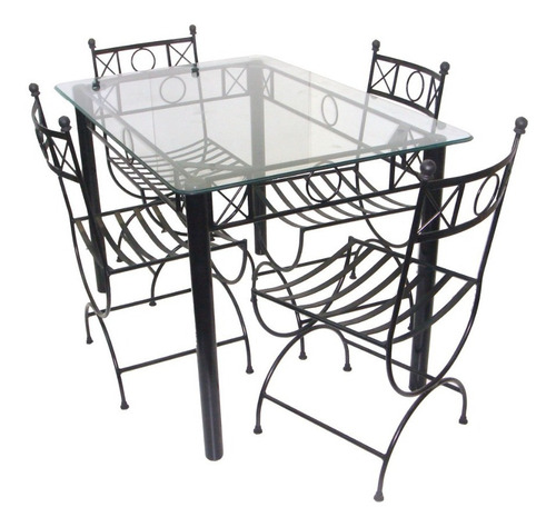 Imagen 1 de 4 de Mesa 120x80 + 4 Sillas De Hierro Forjado Cristal 10mm Epoxi