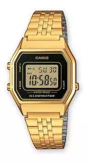 Reloj pulsera Casio Collection LA680 de cuerpo color dorado, digital, para mujer, fondo negro, con correa de acero inoxidable color dorado, dial negro, minutero/segundero negro, bisel color dorado y h