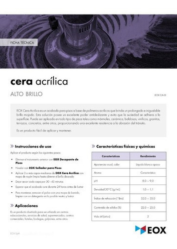 Imagen 6 de 6 de Cera Acrílica Industrial Alto Brillo Para Pisos Eox 5 Litros