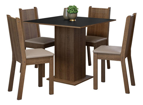 Mesa de comedor con tapa de madera, 4 sillas Samara Madesa Rpsb, color rústico/negro/sintético, beige, diseño de tela lisa