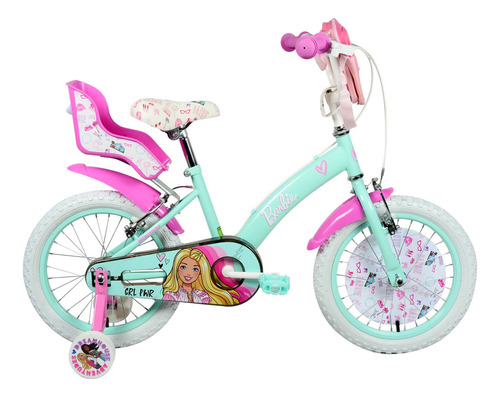 Bicicleta infantil infantil Bianchi Barbie R16 16 frenos v-brakes color celeste con ruedas de entrenamiento