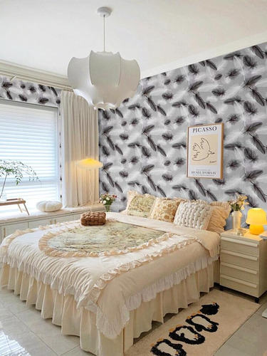 Papel Mural Patrón Plumas Gris, Negra Y Blanco Texturizado