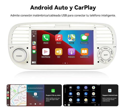 CARLAM Estéreo de Pantalla 7 Pulgadas Auto Android Carplay Mirrorlink GPS 2+64gb Para Fiat 500 2007-2015 Bluetooth USB Esterio Carro Stereo Autoestereo con Canbus y Camara Reversa