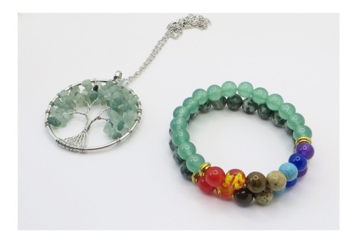 Imagen 2 de 4 de Collar Árbol De La Vida Verde Más Set Pulseras 7chakras