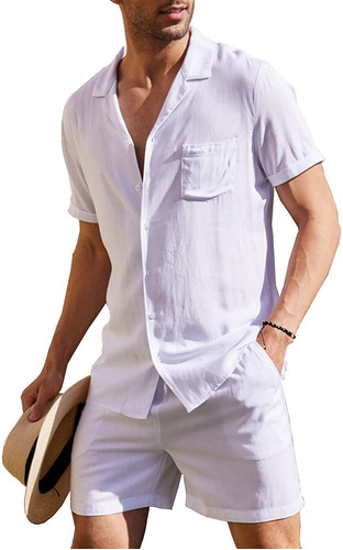 Conjunto Casual De Camisa De Manga Corta De Lino Para Hombre