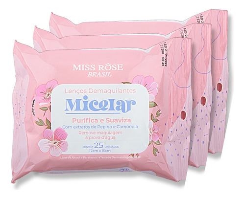 Kit 3 Lenços Demaquilante Micelar Remove Maquiagem Miss Rôse