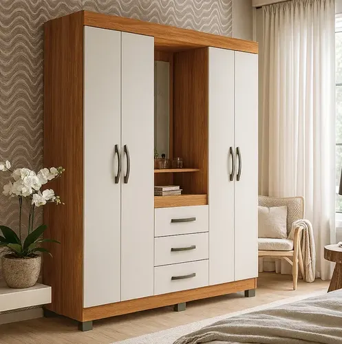 Guarda Roupa Casal 4 Portas Roupeiro Com Gavetas E Espelho Cor Fr...