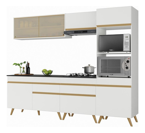 Armário De Cozinha Completa 252cm Veneza Multimóveis V3715 Cor Branco/dourado