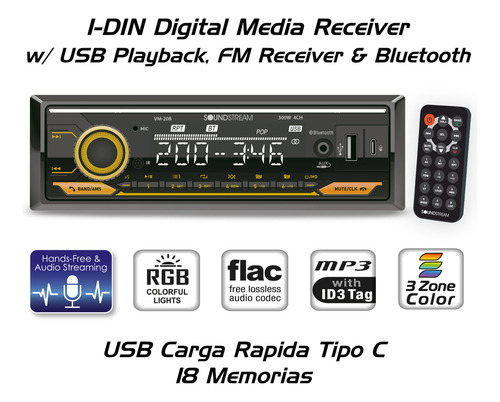 Autoestéreo 1 Din Soundstream Vm-20b Bluetooth Rgb