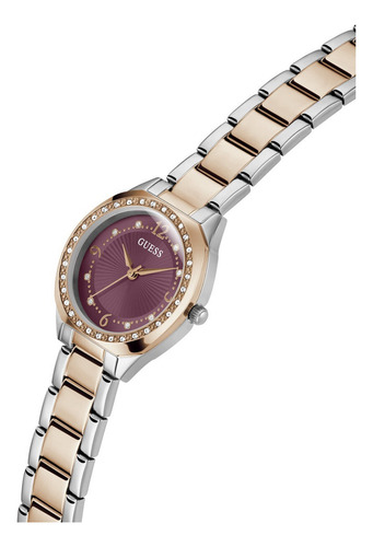 Reloj Guess Charlotte Acero Inoxidable Mujer Correa Bitono Bisel Oro Rosa Fondo Purpura