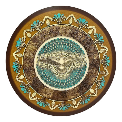 Quadro Divino Espírito Santo Mandala Turquesa Mdf 65cm Of57