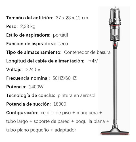 Aspiradora Vertical 4m Cable Filtro 18000kpa Soporte Pared