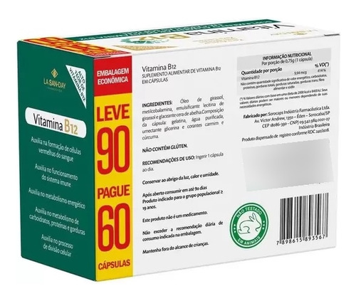 Kit 2 Vitamina B12 750mg Leve 90 Pague 60 Cps - La San Day Sem Sabor