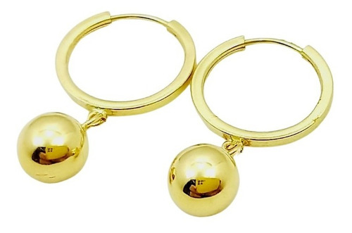 Brinco Argola 12mm Com Pingente Bolinha Ouro 18k-750 Cor Dourado