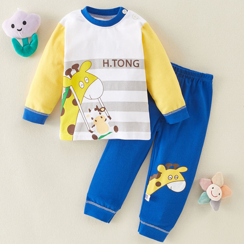 2 Piezas Traje Infantil De Algodón De Manga Larga Estampado Amarillo Huella Animal 9-12 Meses