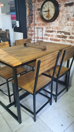Imagen 8 de 10 de Mesa Hierro Y Madera 120x70 + 4 Sillas Industriales Exterior