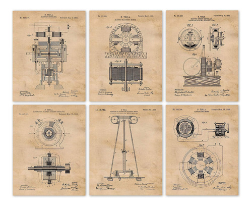 Vintage Science Nikola Tesla Patent Prints, 6 (8x10) Fotos S