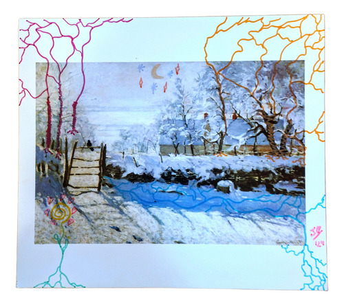 Lamina Homenaje Monet Intervenida Con Acrílicos. Nieve