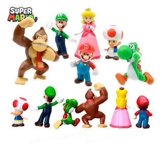 Kit 6 Bonecos Mario Bros Action Figure Miniatura Luigi Yoshi