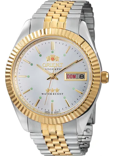 comprar Relógio Orient Masculino Automático Bicolor Três Estrelas Bisel Dourado Fundo Prateado