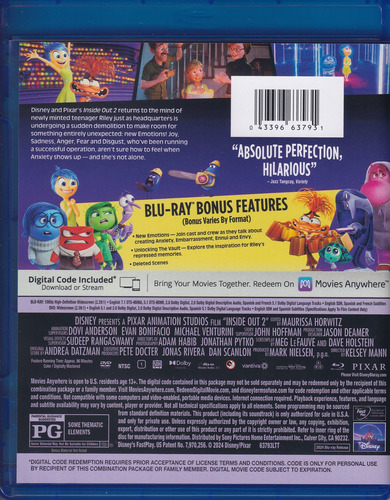 Intensamente Inside Out 2 Dos Disney Pelicula Blu-ray + Dvd