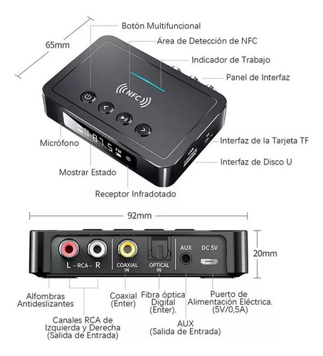 . Receptor Transmisor De Audio Bluetooth 5.0 Nfc Con Cable