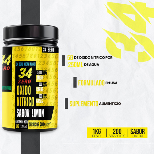 34 Zero Óxido Nítrico Pre Entreno 1kg 200 Servicios Limón