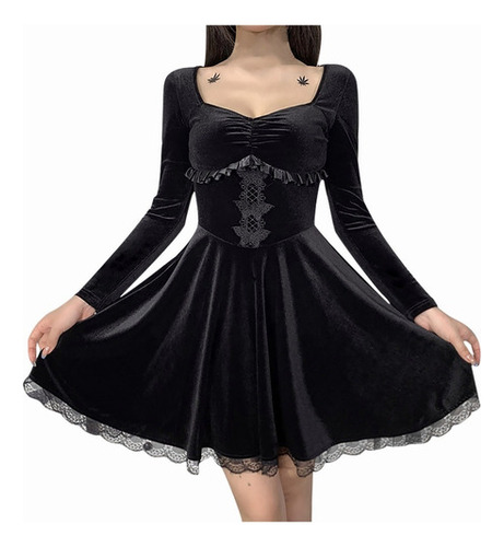 Vestido Mujer Gótico Manga Larga Hollow Out Encaje P