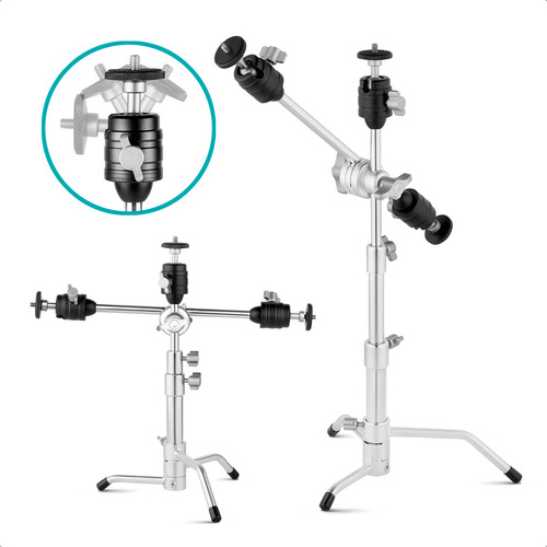Mini Tripé De Inox TGF-053i Com Braço Articulado, Ball Head 360°, Base C-Stand Antiderrapante, Altura Ajustável 30cm a 53cm, Suporte Para Celular, Iluminação, Câmera e Microfone - Sou Foto