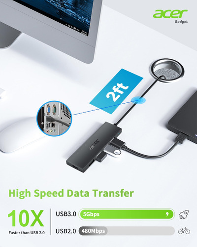 Acer Usb C Hub De 4 Puertos, Concentrador Usb 3.1 Múltiple,