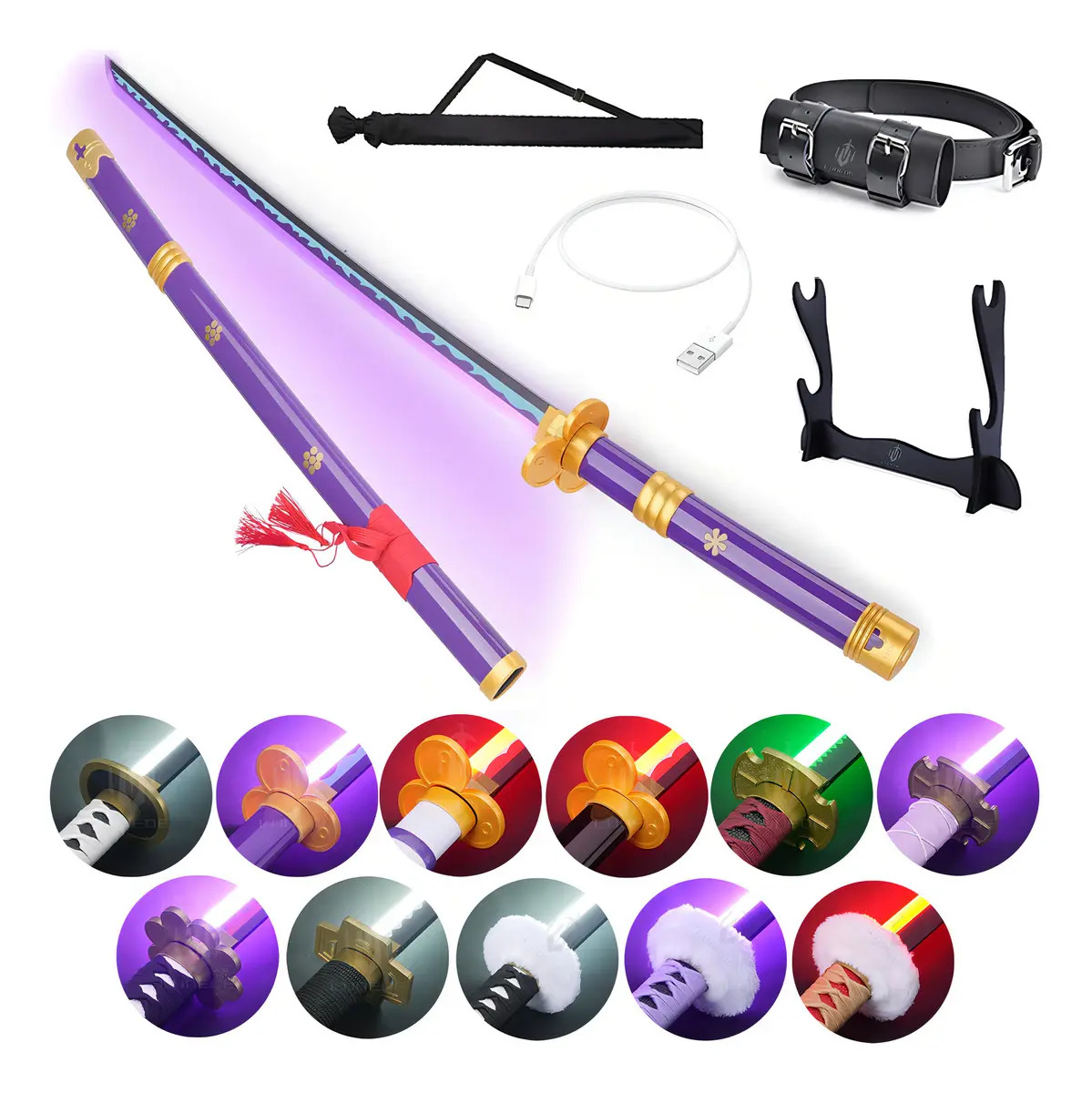 LUDEDE One Piece 104cm Katana de Luz Light Up Espadas Led Madera Color D Zoro Yama Enma Violeta Led