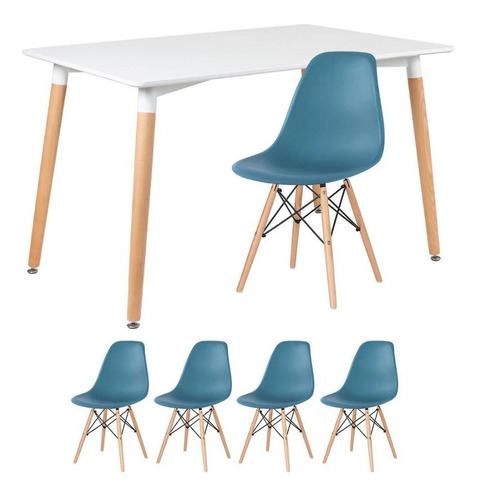 Kit Mesa Jantar Eames Retangular 120 X 80 Cm 4 Cadeiras Dsw Cor da tampa Mesa branco com cadeiras turquesa