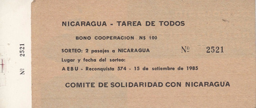 Bono Comite Solidaridad Nicaragua Uruguay 1985 Sandinismo