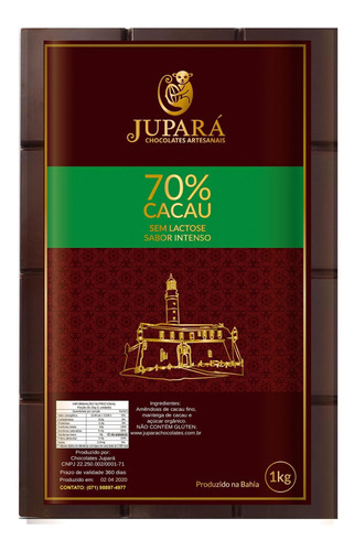 Chocolate Jupará 70% Cacau - Sem Lactose - Intenso - 1kg