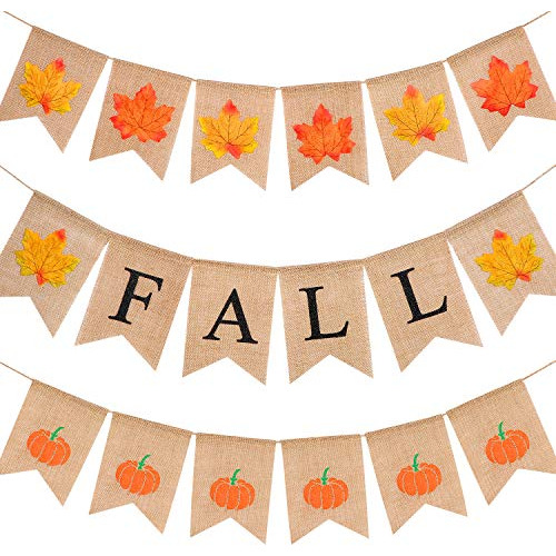 Banner De Yute  Thanksgiving Fall Pumpkin  3 Set De 6.6...