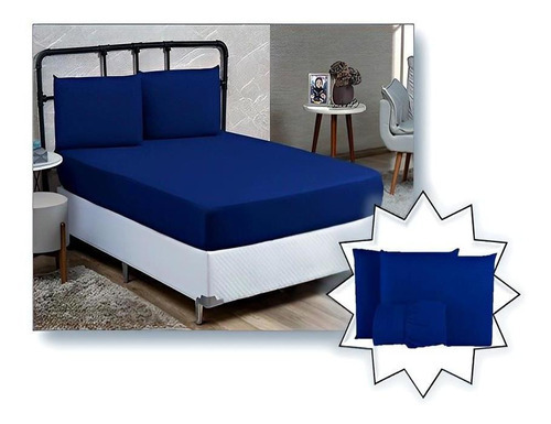 Jogo De Cama Lencol Casal Queen 3pçs Premiun Conjunto Hotel Cor Azul Royal 6009 Desenho Do Tecido Liso