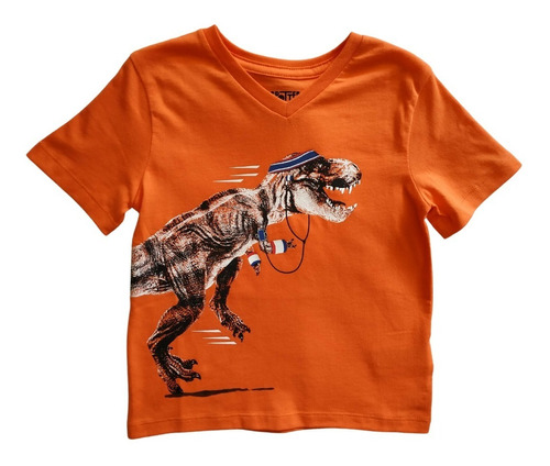 Playera Niño 2 Años Naranja Dinosaurio Cuello V Manga Corta