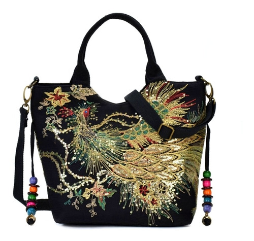 Bolso Bandolera Étnico Con Bordado De Pavo Real Para Mujer