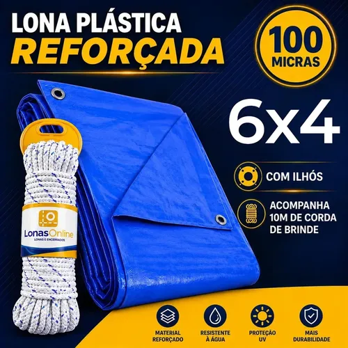 Lona Plástica Azul 6x4 Com Corda Impermeável Reforçada