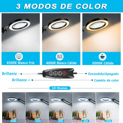 10x Luz De Lupa Led 3 Modos De Color Regulable Reparar Leer