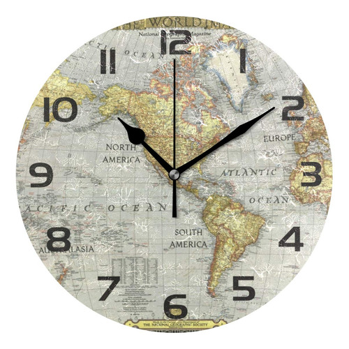 One Bear Reloj De Pared Redondo Con Mapa Del Mundo Vintage, 
