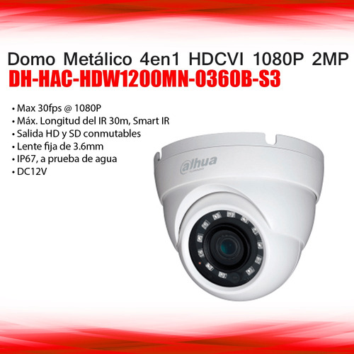 Domo Metálico Dahua 4en1 Hdcvi 2mp Dh-hac-hdw1200mn-0360b-s3