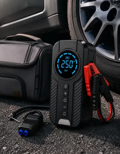 Auxiliar de Partida para Carro com Compressor de Ar Portátil 12V 4 em 1