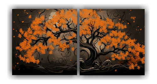 140x70cm Cuadro Árbol De Roble En Colores Naranja Y Negro