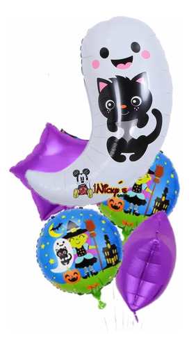 Set De 5 Globos Fantasma Con Gato Halloween Dia De Muertos