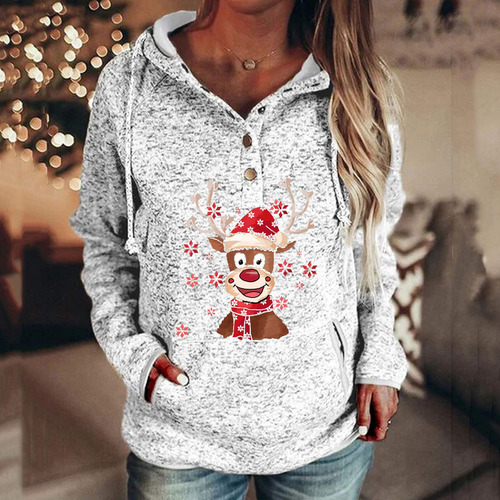 Sudadera Top Boton Navidad Cordon Pulover Bolsillo Capucha